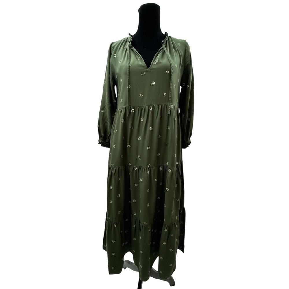 MADEWELL Tie-Neck Tiered Swingy Midi Dress Stardot Dark Forest SZ XS